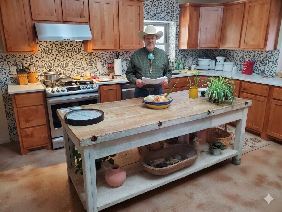 Duane Holloway standing at a kitchen island with plans in hand, in a Visten custom home in North Texas